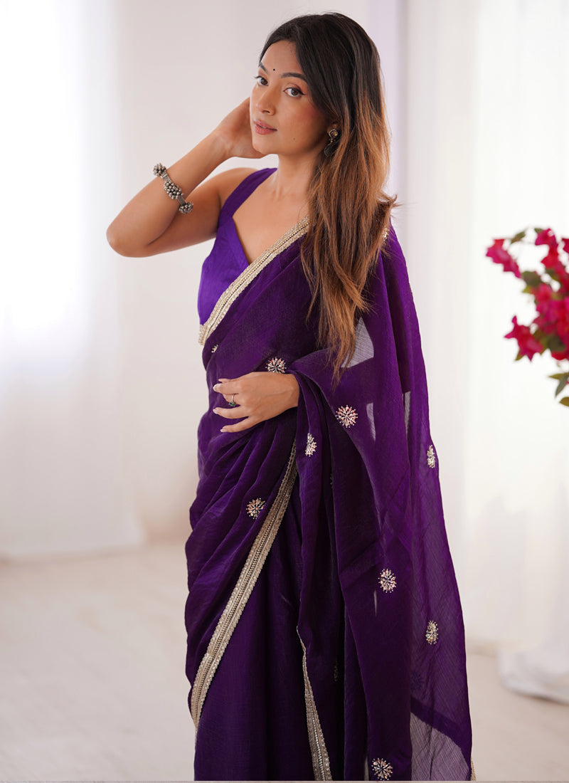 Vegaa Fashion Violet Fandy Silk Moti & Val Sequence Designer Saree