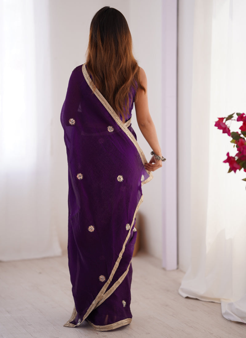 Vegaa Fashion Violet Fandy Silk Moti & Val Sequence Designer Saree