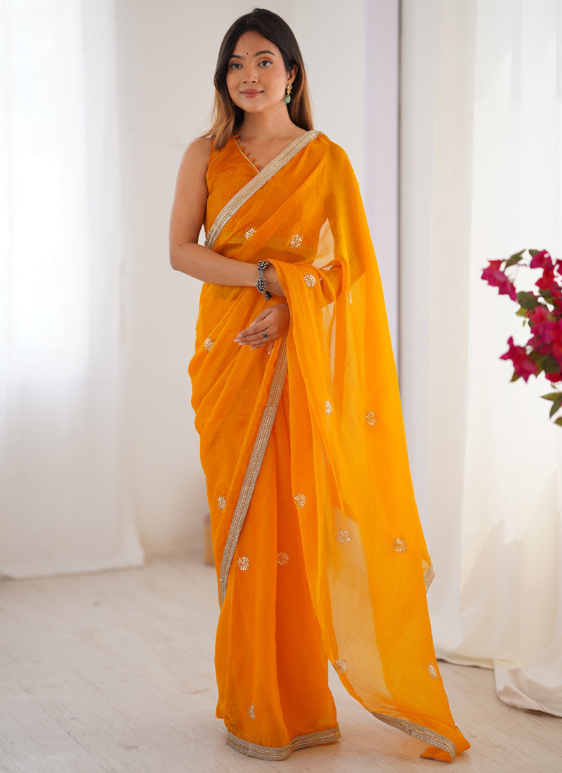 Vegaa Fashion Yellow Fandy Silk Moti & Val Sequence Designer Saree