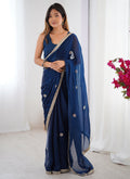 Blue Fandy Silk designer saree with heavy lace border, Moti and Val sequence embellishments.