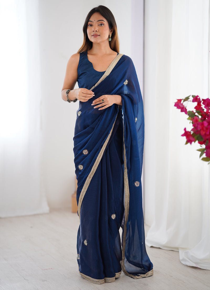 Vegaa Fashion Blue Fandy Silk Moti & Val Sequence Designer Saree