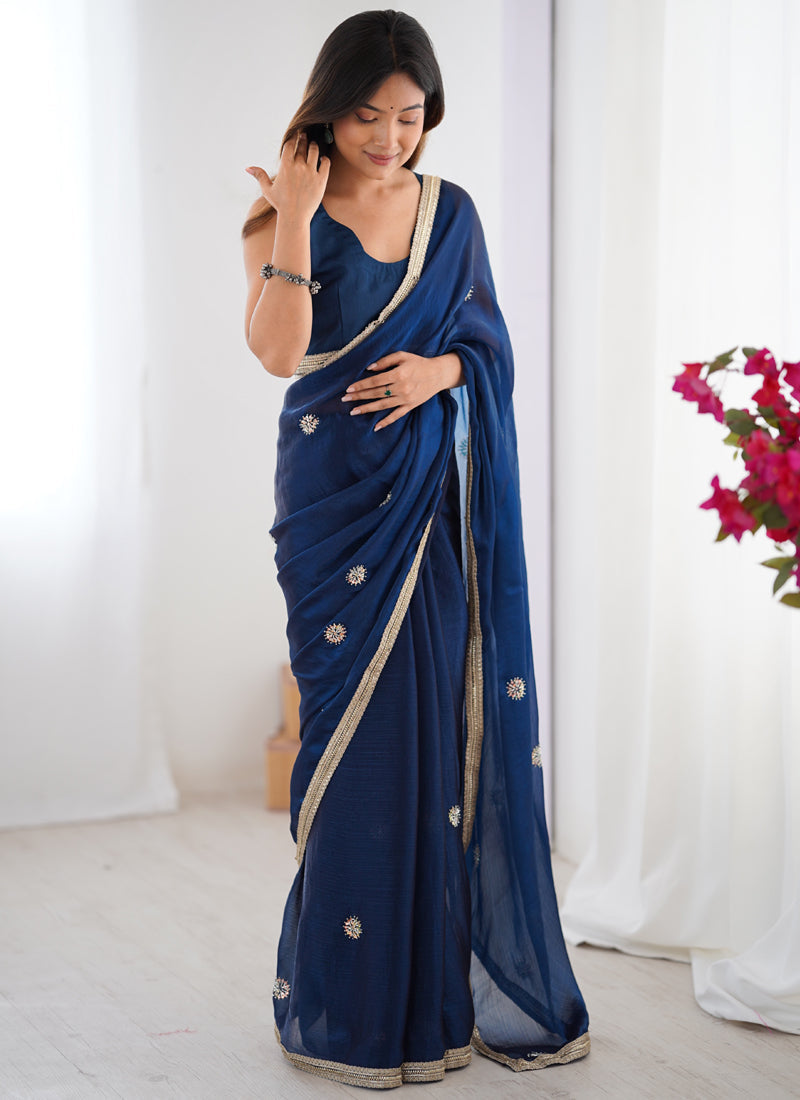 Vegaa Fashion Blue Fandy Silk Moti & Val Sequence Designer Saree