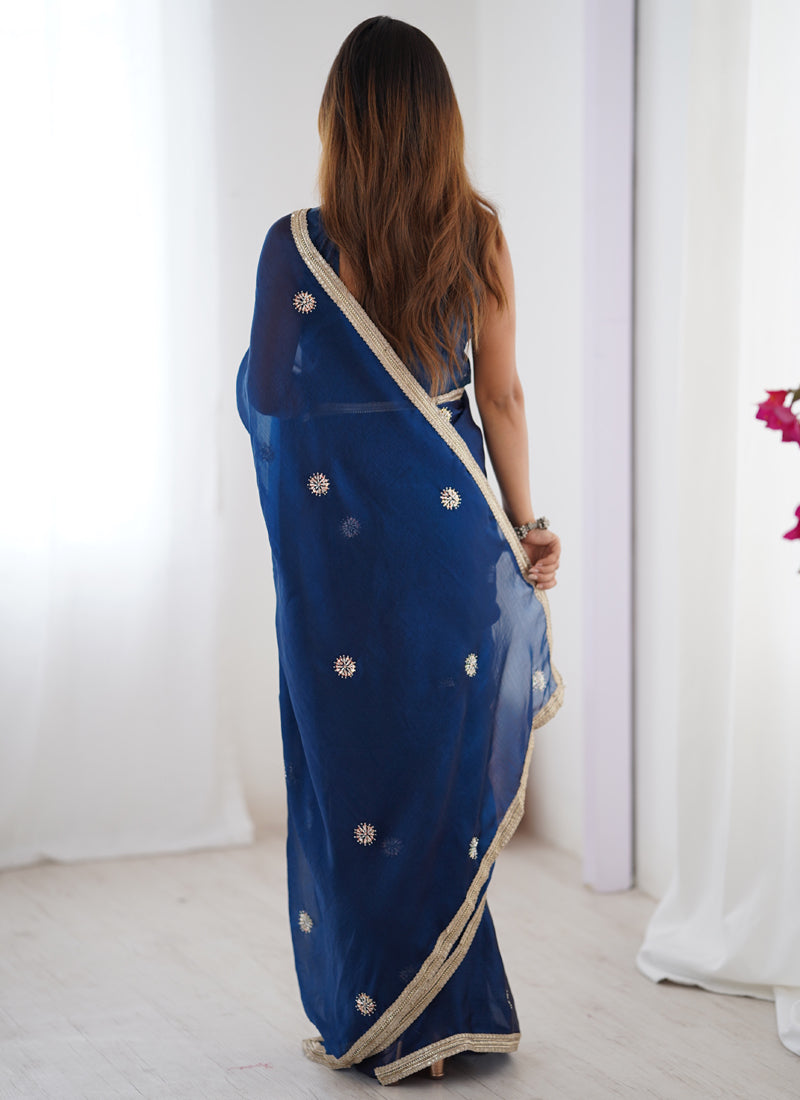Blue Fandy Silk Designer Saree with Moti & Sequence Work