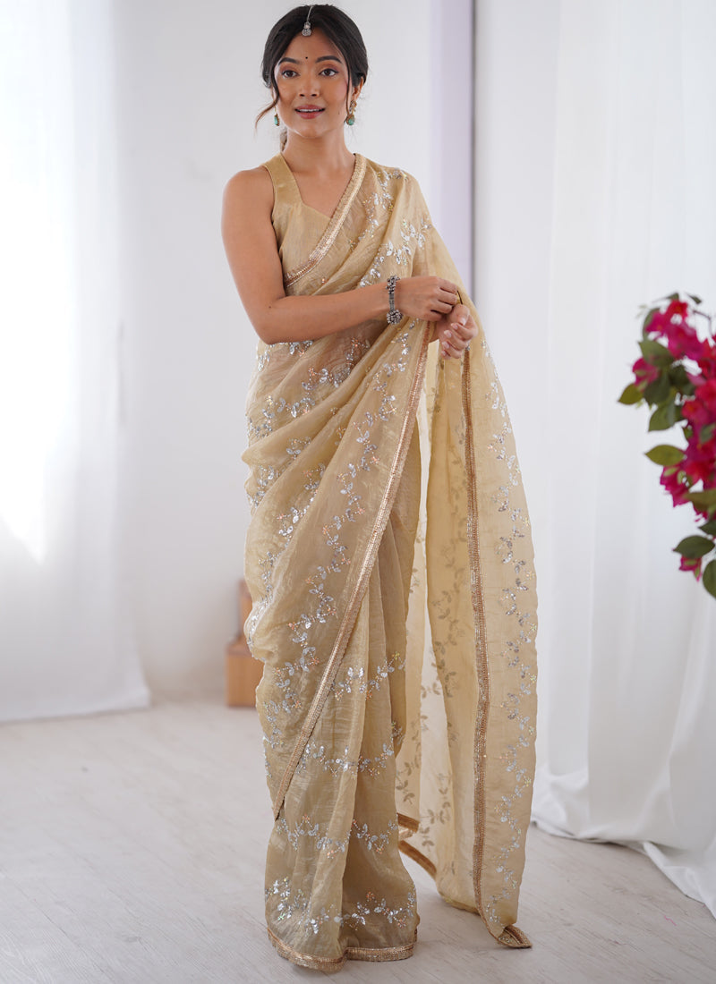 Vegaa Fashion Beige Organza Moti & Val Sequence Party Wear Saree