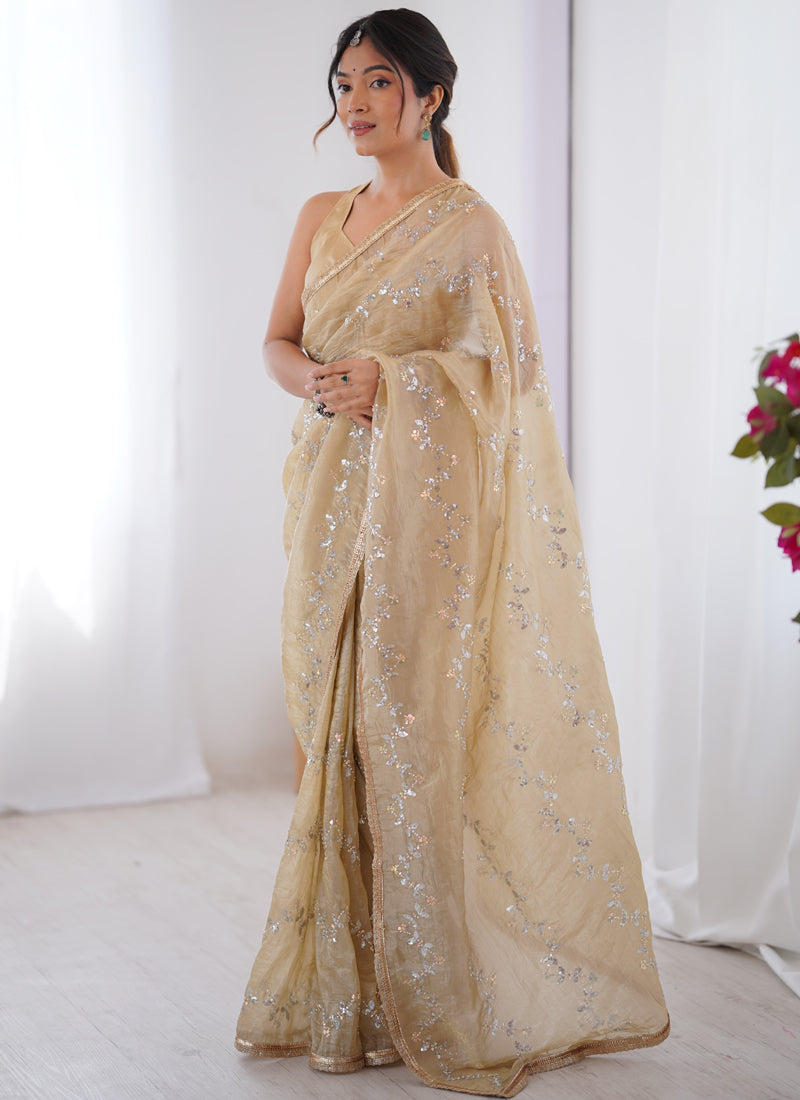 Vegaa Fashion Beige Organza Moti & Val Sequence Party Wear Saree