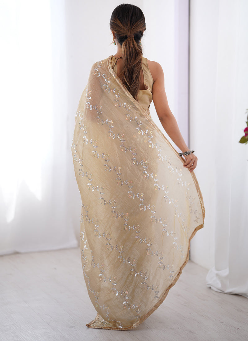 Vegaa Fashion Beige Organza Moti & Val Sequence Party Wear Saree