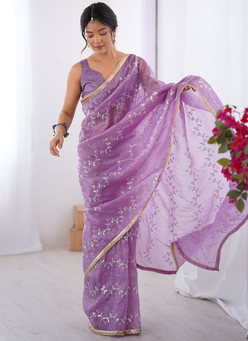 Vegaa Fashion Lavender Organza Moti & Val Sequence Party Wear Saree