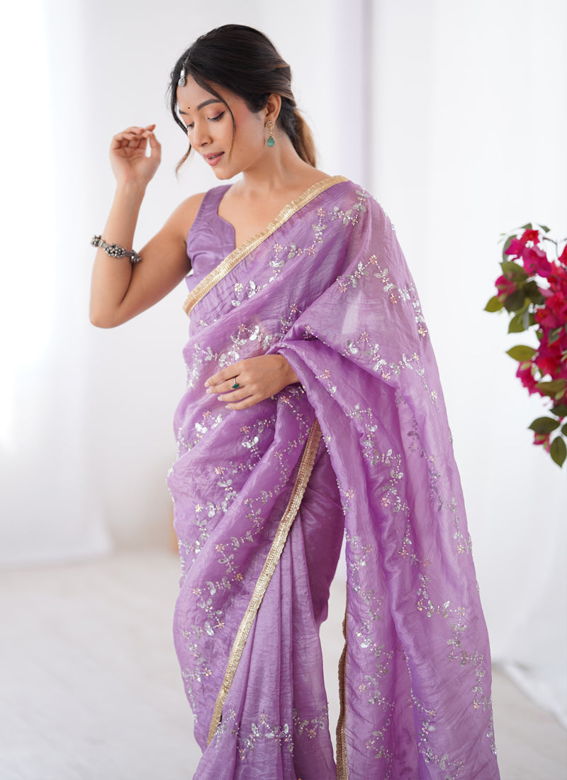 Vegaa Fashion Lavender Organza Moti & Val Sequence Party Wear Saree