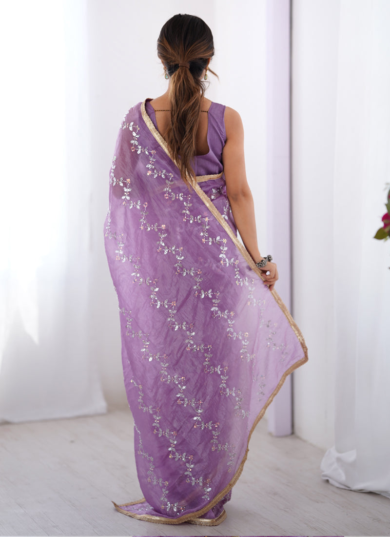 Vegaa Fashion Lavender Organza Moti & Val Sequence Party Wear Saree