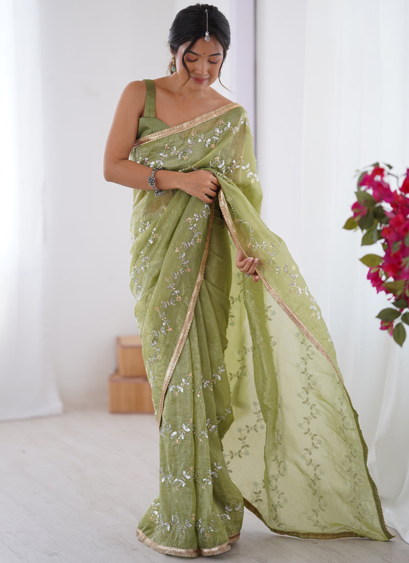 Vegaa Fashion Light Green Organza Moti & Val Sequence Party Wear Saree