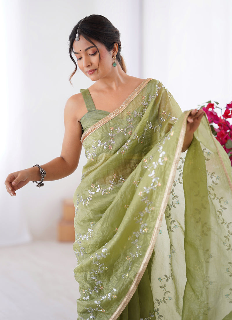 Vegaa Fashion Light Green Organza Moti & Val Sequence Party Wear Saree