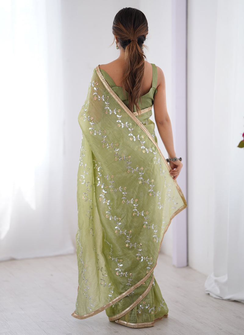 Vegaa Fashion Light Green Organza Moti & Val Sequence Party Wear Saree