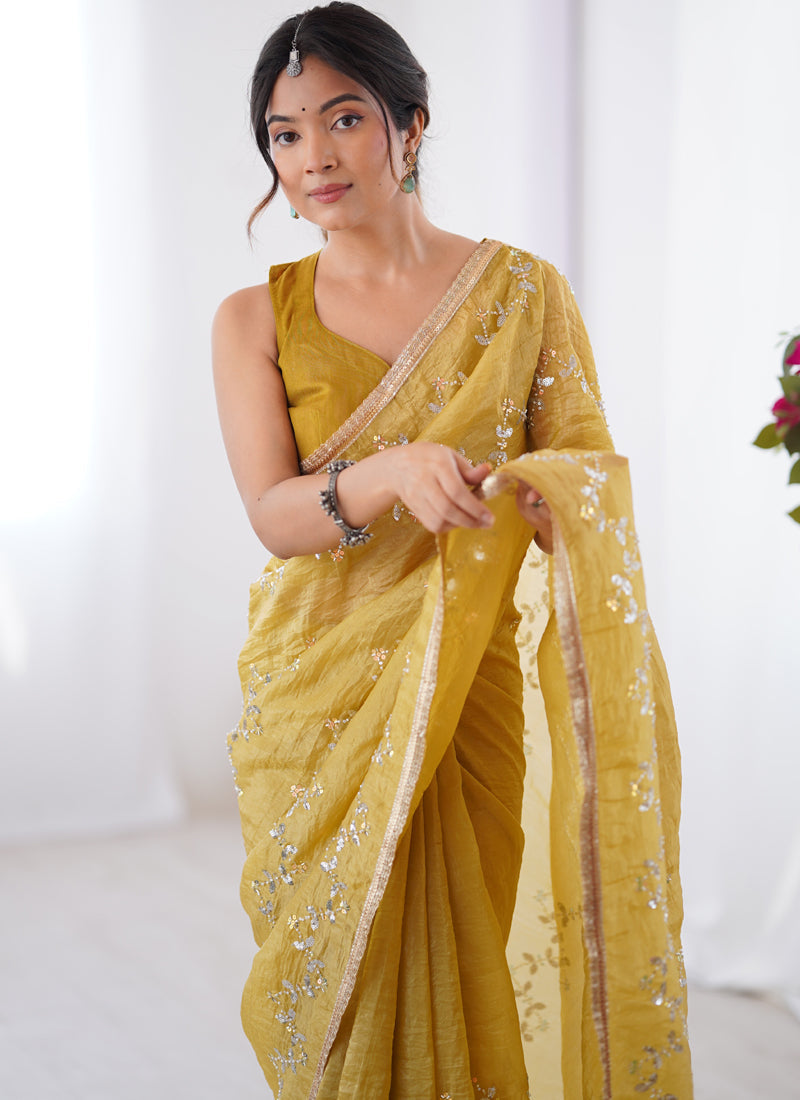 Vegaa Fashion Mustard Organza Moti & Val Sequence Party Wear Saree