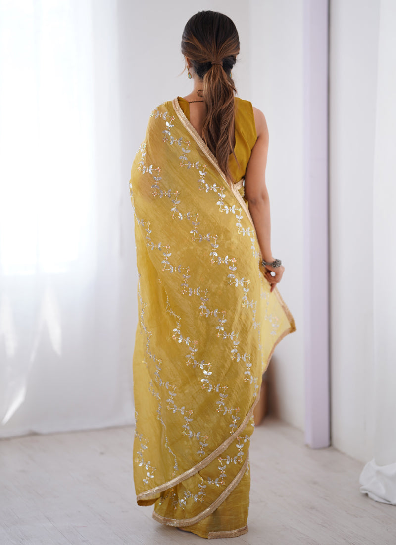 Vegaa Fashion Mustard Organza Moti & Val Sequence Party Wear Saree
