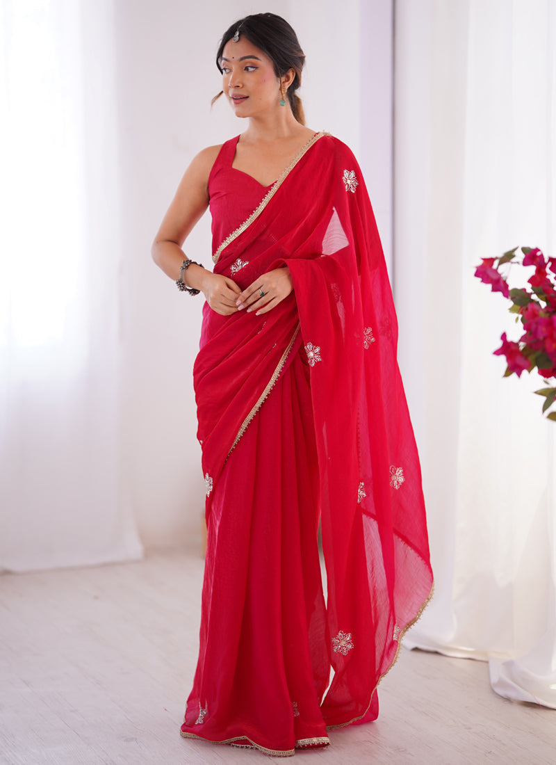 Red Fandy Silk Saree with Moti & Val Sequence Work