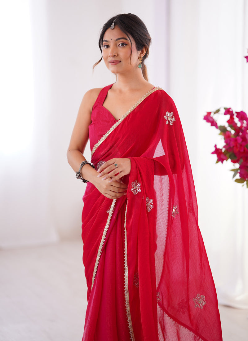 Red Fandy Silk Saree with Moti & Val Sequence Work