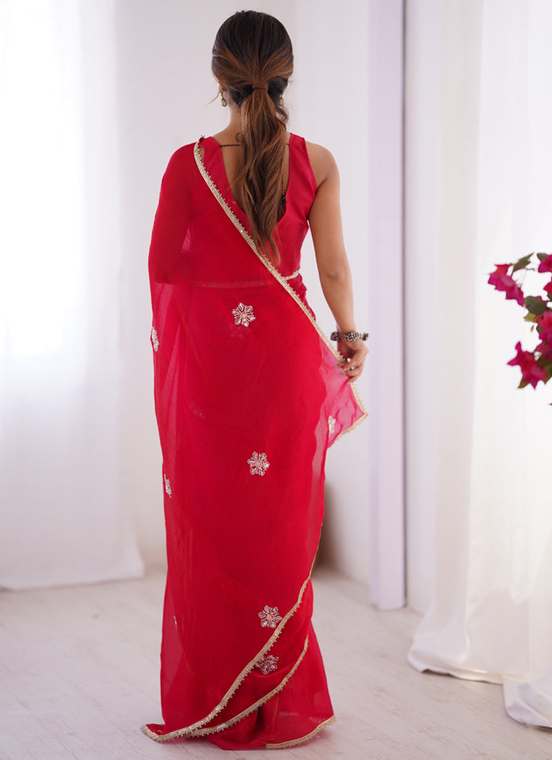Red Fandy Silk Saree with Moti & Val Sequence Work