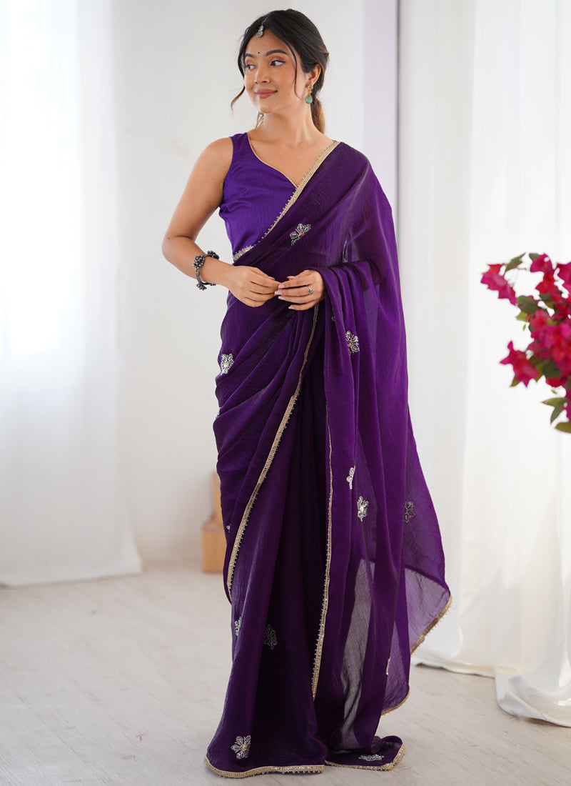 Vegaa Fashion Violet Fandy Silk Moti & Val Sequence Designer Saree