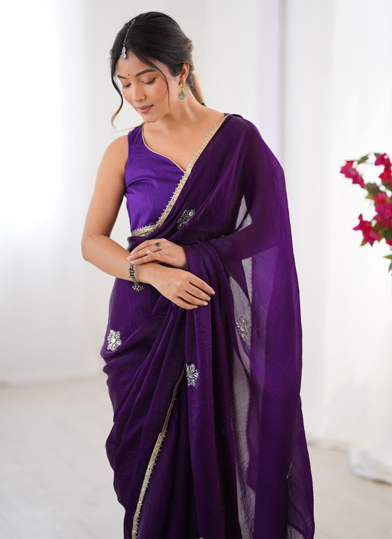 Vegaa Fashion Violet Fandy Silk Moti & Val Sequence Designer Saree