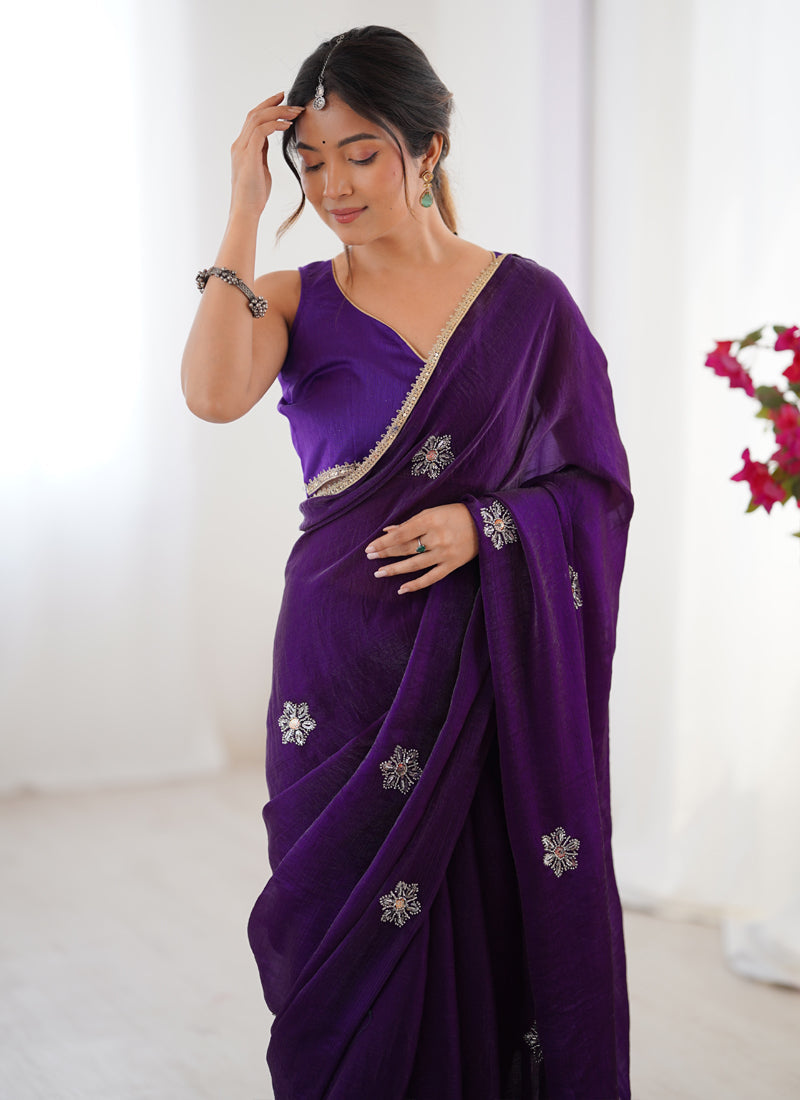 Violet Fandy Silk Designer Saree with Moti & Sequence Work