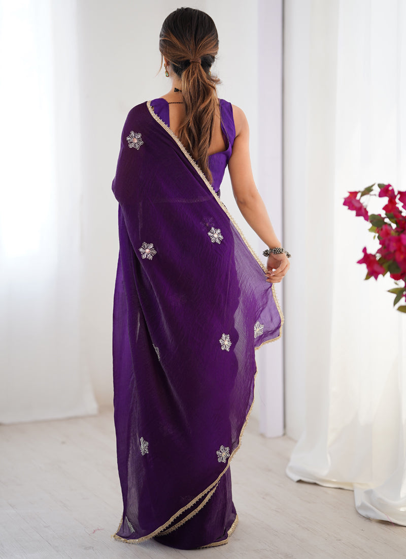 Violet Fandy Silk Designer Saree with Moti & Sequence Work