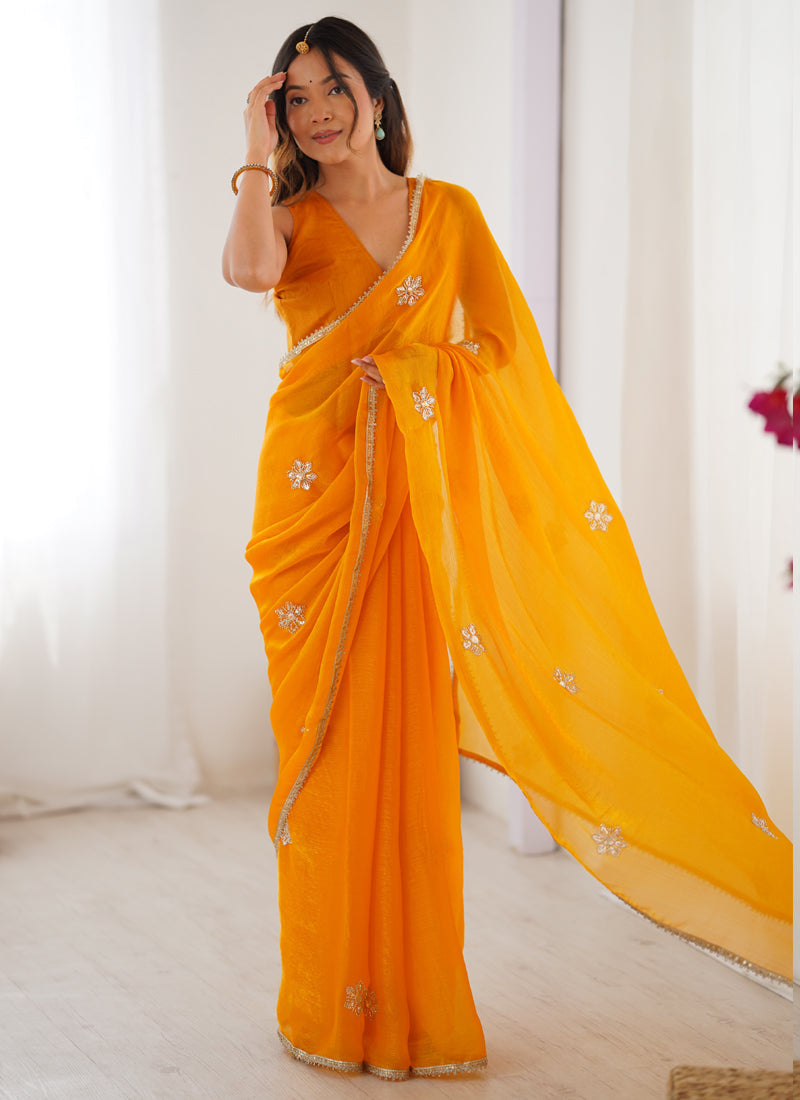 Vegaa Fashion Yellow Fandy Silk Moti & Val Sequence Designer Saree