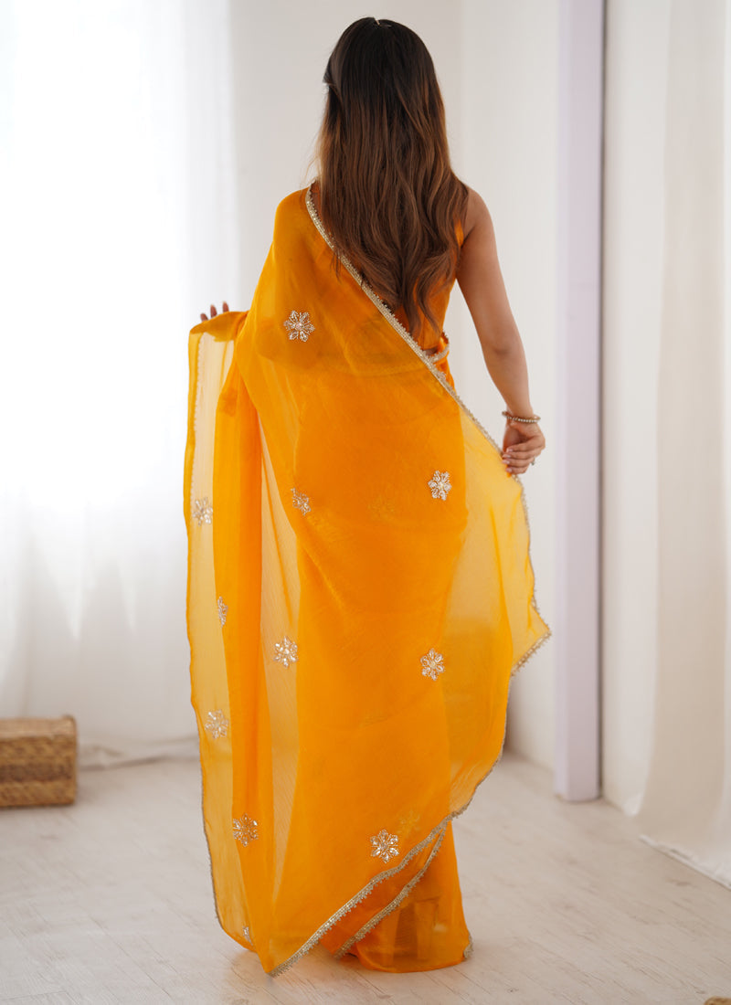 Yellow Fandy Silk Designer Saree with Moti & Val Sequence Work