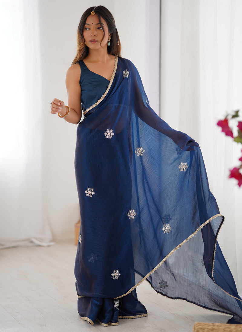 Vegaa Fashion Blue Fandy Silk Moti & Val Sequence Designer Saree