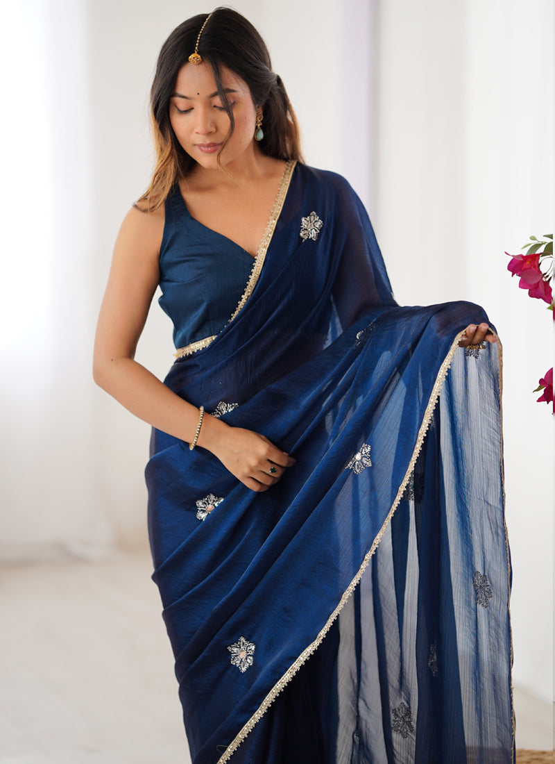 Vegaa Fashion Blue Fandy Silk Moti & Val Sequence Designer Saree