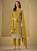 Yellow Chinon salwar suit with elaborate sequence and resham thread embroidery