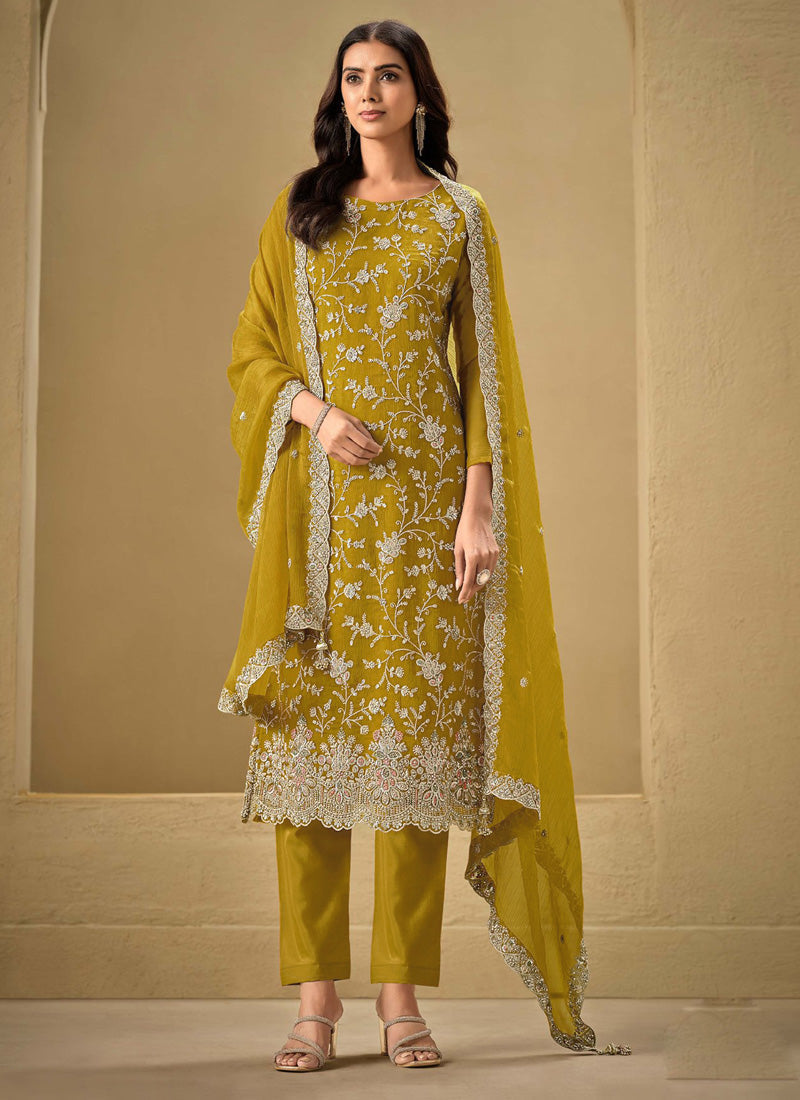 Yellow Chinon salwar suit with elaborate sequence and resham thread embroidery