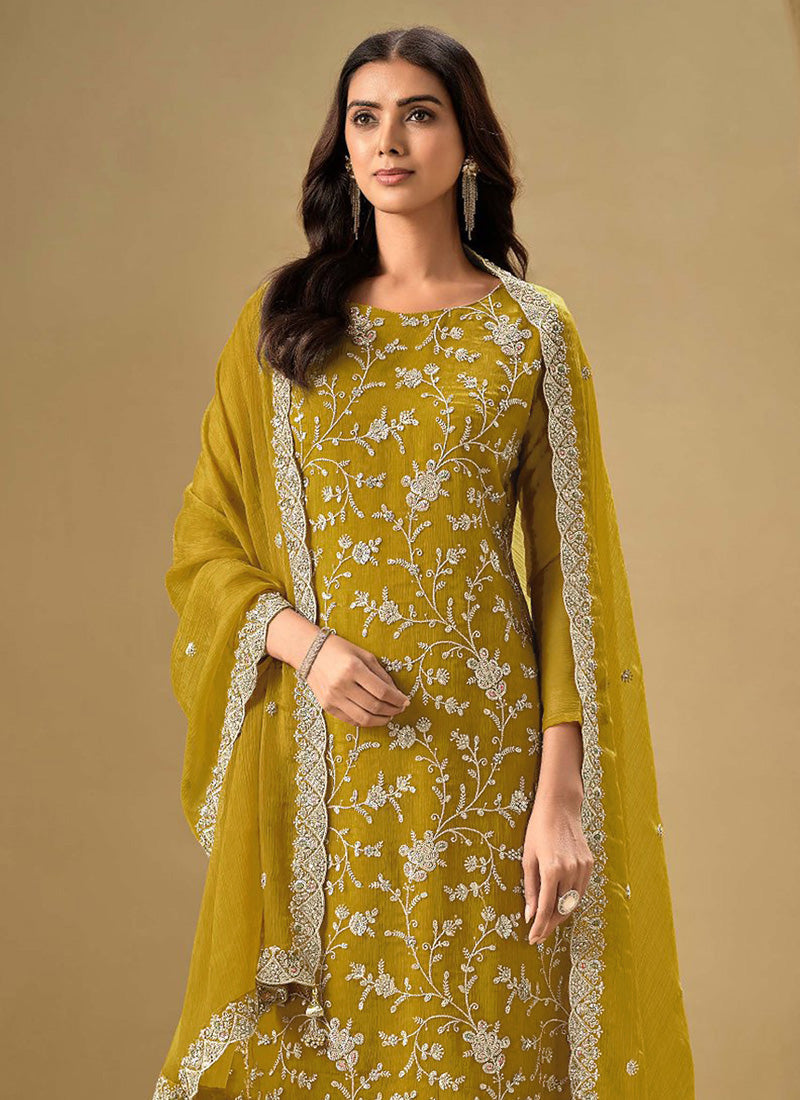 Yellow Chinon Salwar Suit with Sequence Embroidery Work