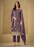 Violet Chinon fabric salwar suit with detailed sequence and gota patti zari embroidery.