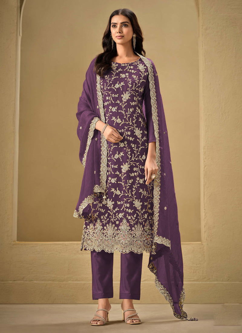 Violet Chinon fabric salwar suit with detailed sequence and gota patti zari embroidery.