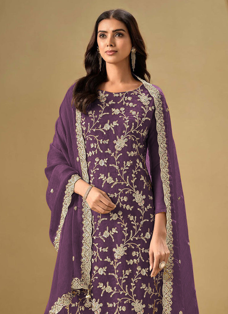 Violet Chinon Sequence Embroidered Salwar Suit for Festive Wear