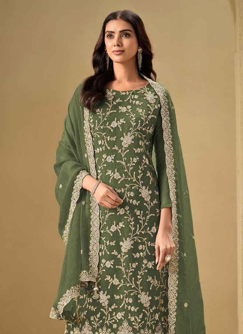 Mahendi Chinon Sequence Embroidered Salwar Suit in Olive-Green