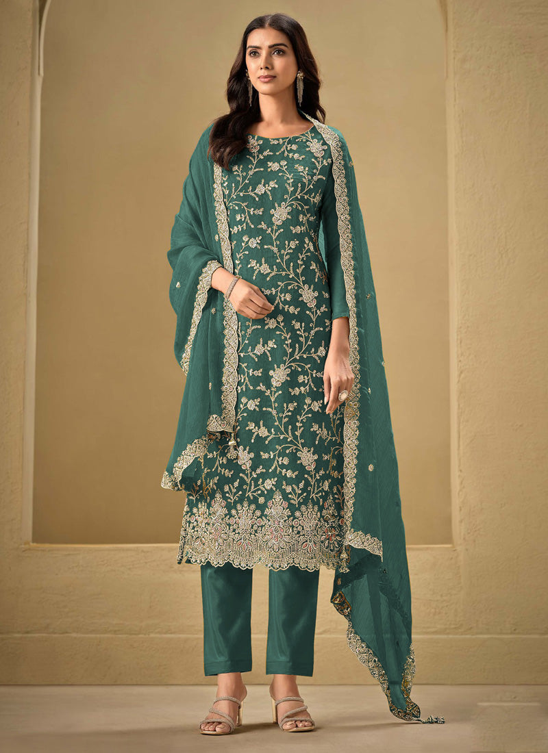 Front view of an Aqua Blue Chinon Salwar Suit with intricate sequence, zari, and Resham thread embroidery.