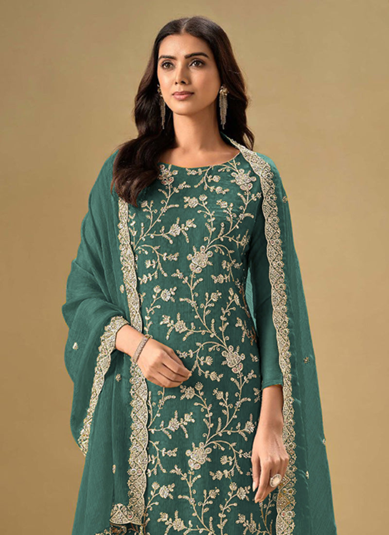 Aqua Blue Chinon Sequence Embroidered Salwar Suit for Weddings