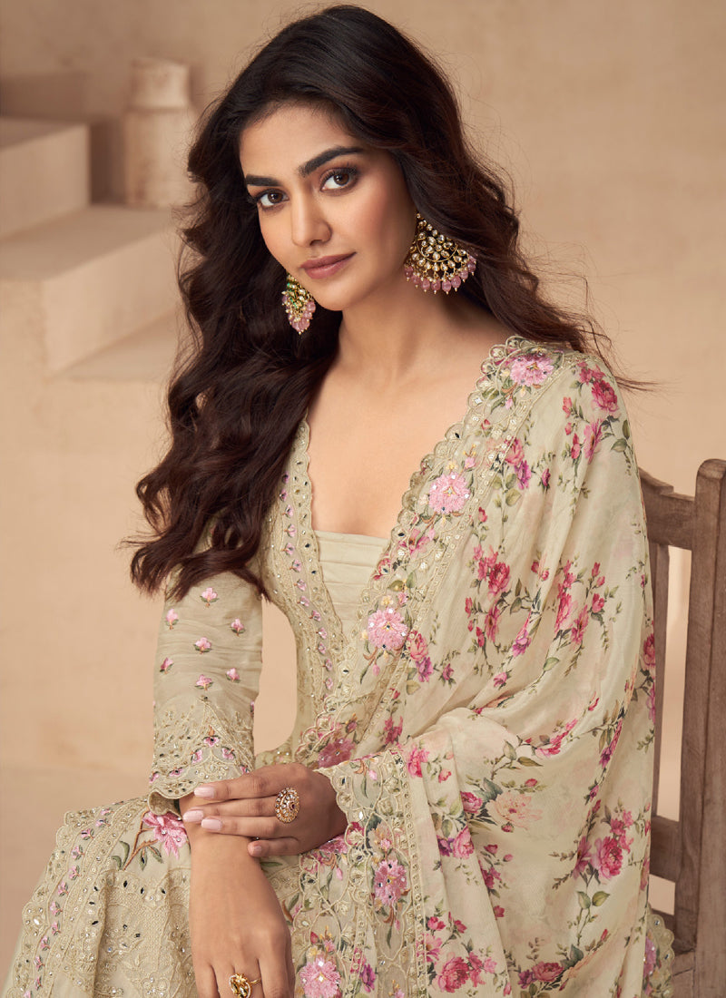 Cream Chinon Silk Embroidered Palazzo Suit for Wedding Events
