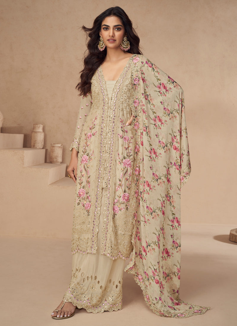 Cream Chinon silk palazzo suit with exquisite gota patti and embroidery