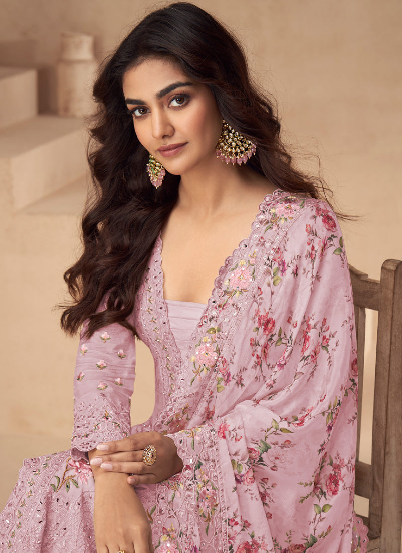 Light Pink Chinon Silk Embroidered Palazzo Suit for Weddings