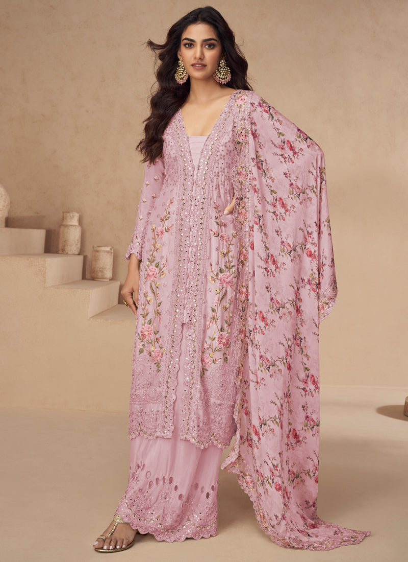 Light Pink Chinon Silk Palazzo Suit featuring delicate gota patti embroidery