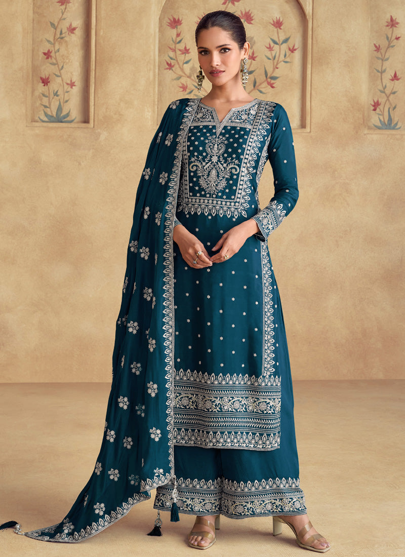 Aqua blue georgette palazzo suit with detailed embroidery