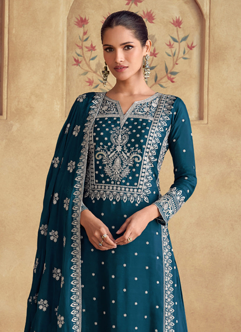Aqua Blue Georgette Embroidered Palazzo Suit for Women