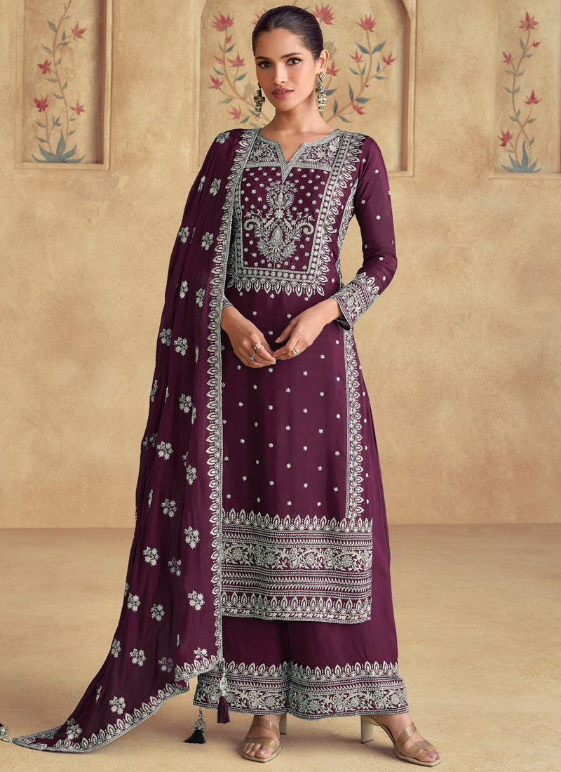 Wine-colored georgette palazzo suit with intricate zari and resham embroidery