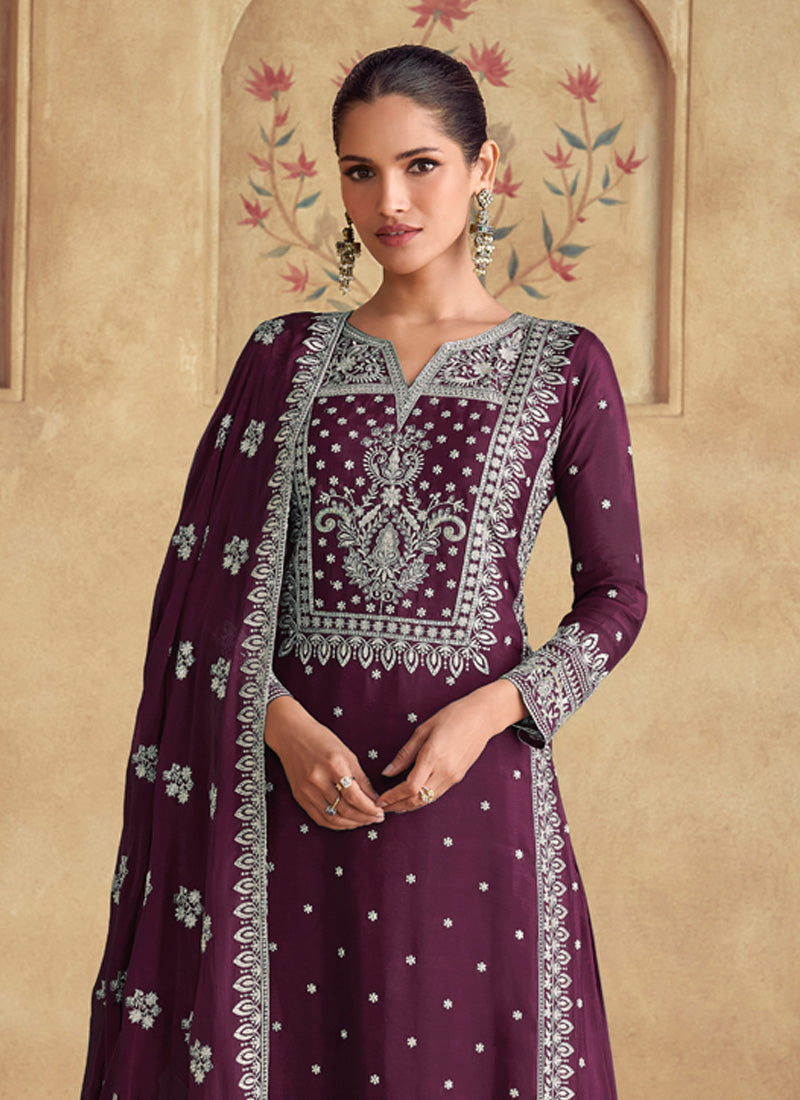 Wine Georgette Embroidered Palazzo Suit for Evening Wear