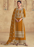 Mustard georgette palazzo suit with detailed sequence and gota patti embroidery for festivities.