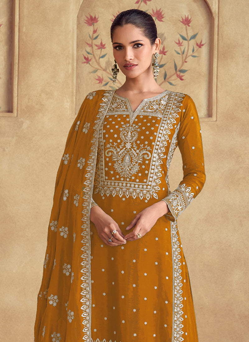 Mustard Georgette Embroidered Palazzo Suit for Festive Events