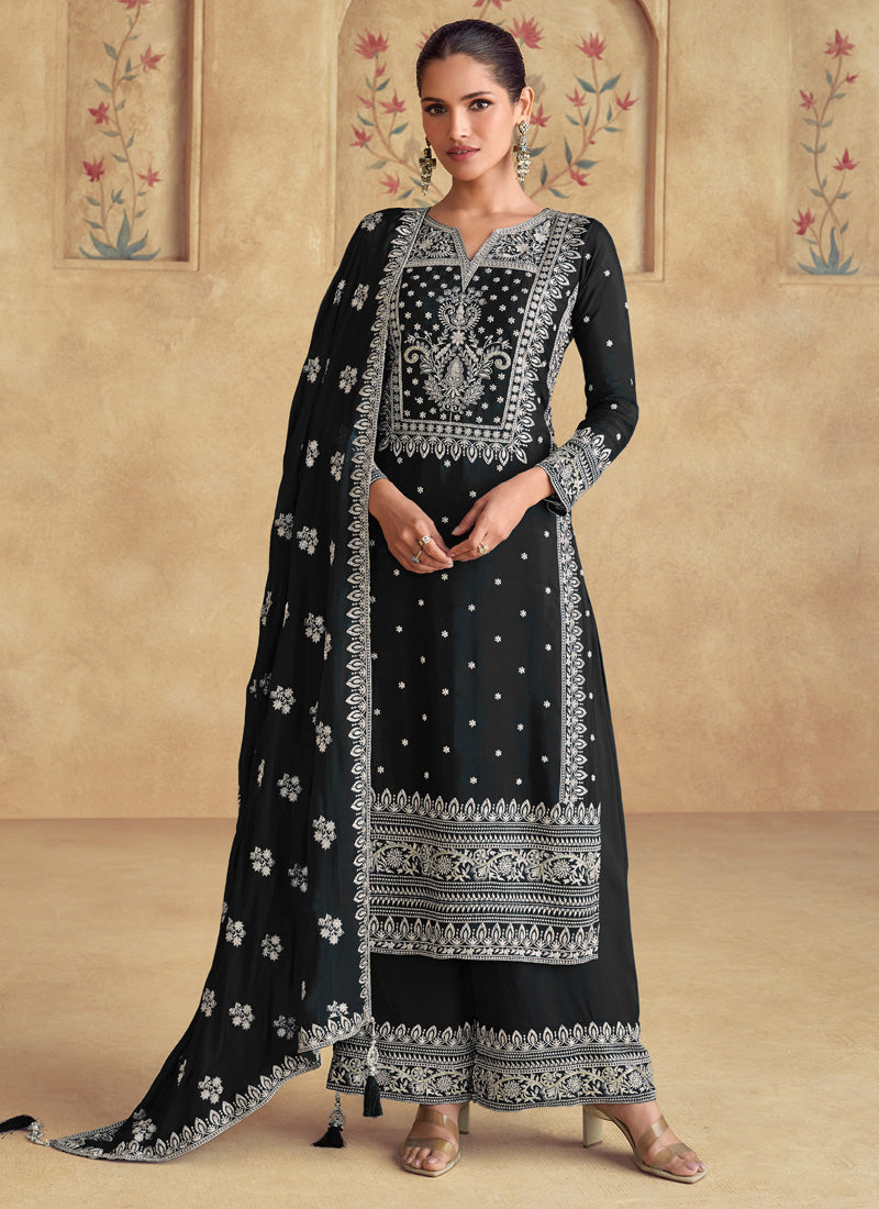 Black georgette palazzo suit featuring intricate gota patti and resham thread embroidery