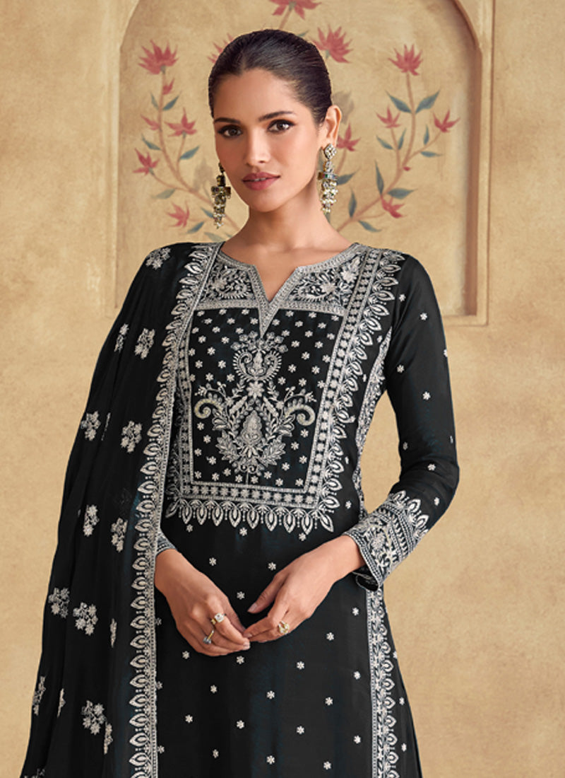 Black Georgette Embroidered Palazzo Suit for Wedding Guest